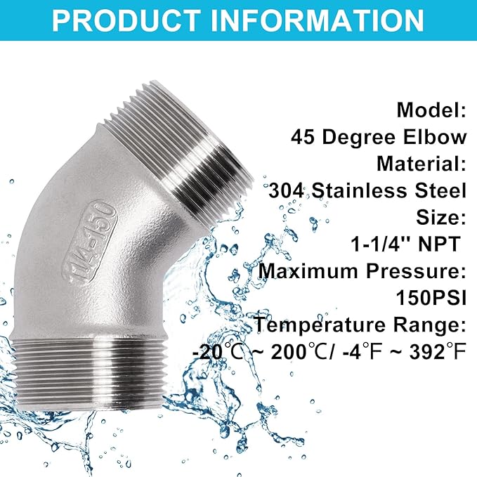 45 Degree Elbow 1PCS, 1-1/4" NPT Male X 1-1/4" NPT Male 304 Stainless Steel - Image 3