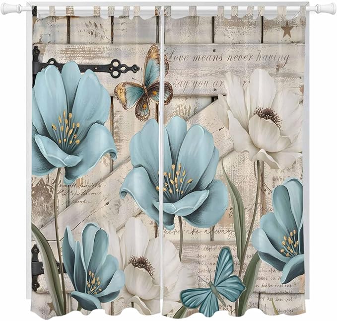 Teal Blue Tulips Living Room Curtains 96 Inch Length, Window Curtains Tab Top by Unknown