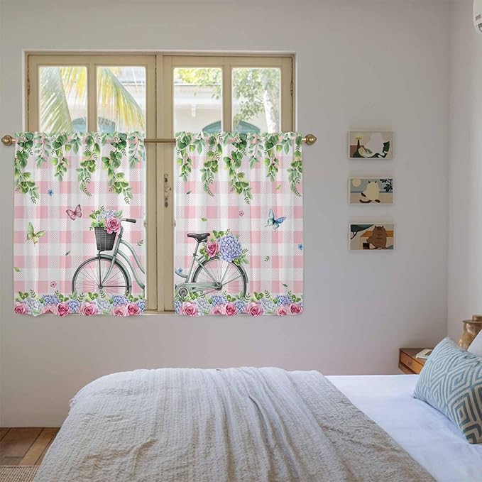 Spring Kitchen Curtains, Bicycles Leaves Butterfly Flowers Pink Buffalo Plaid - Image 4