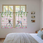Spring Kitchen Curtains, Bicycles Leaves Butterfly Flowers Pink Buffalo Plaid - Image 4