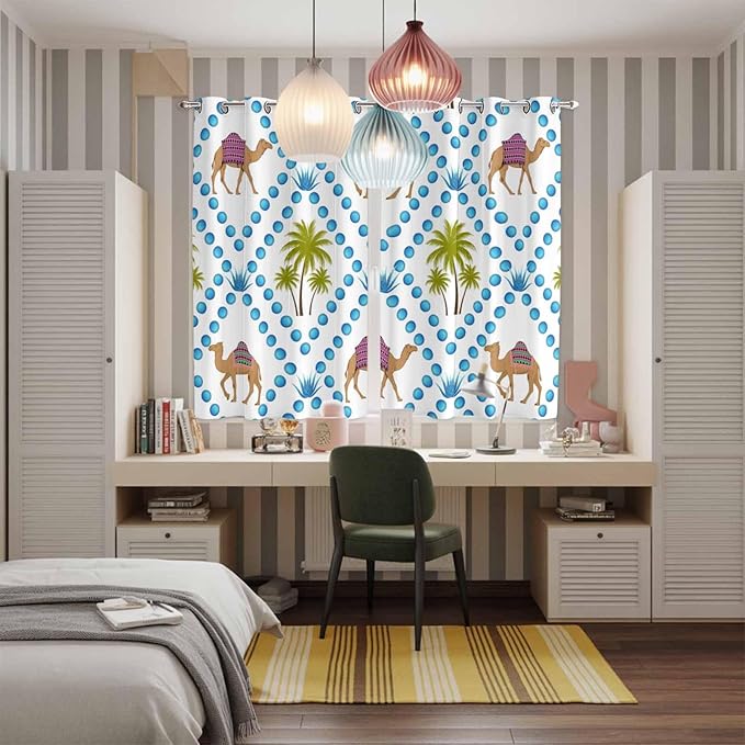 2 Panel Kitchen Cafe Curtains, Camels Palm Trees Sunlight Filtering Nature Air - Image 5