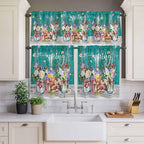 Spring Flowers Kitchen Curtain Set, Farmhouse Watercolor Teal Wood Grain Window - Image 3