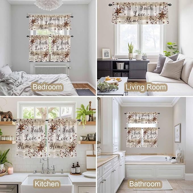 Kitchen Curtains Tiers and Valance Set of 3, Texas Star Brown Light Filtering - Image 7