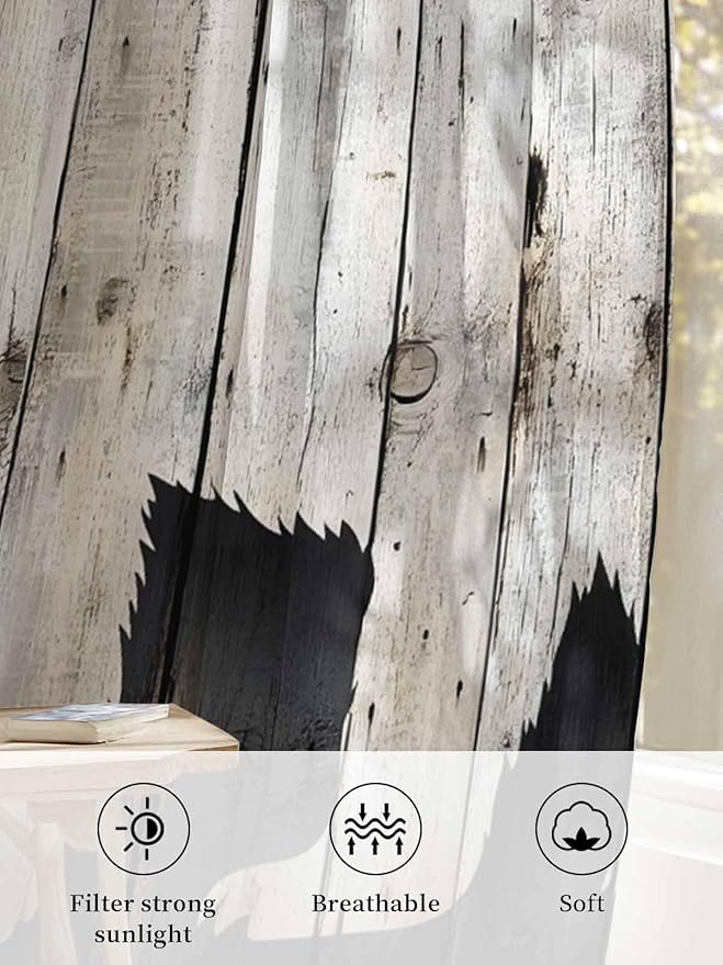 Sheer Curtains 96 Inches Long, Rustic Counrty Vintage Wood Grain Privacy Voile - Image 6
