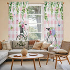 Spring Kitchen Curtains, Bicycles Leaves Butterfly Flowers Pink Buffalo Plaid - Image 3