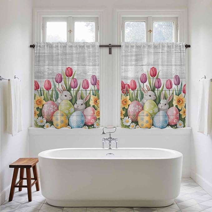 Easter Kitchen Tier Curtains 45 Inch Long 2 Panel Set, Rod Pocket Short Window - Image 5