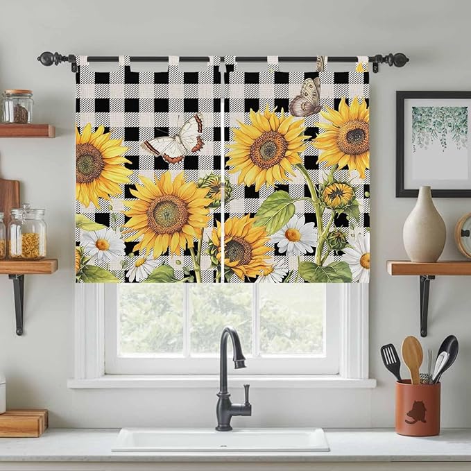 Sunflowers Kitchen Curtains 45 Inch Length, Short Cafe Window Curtains Tab Top - Image 3