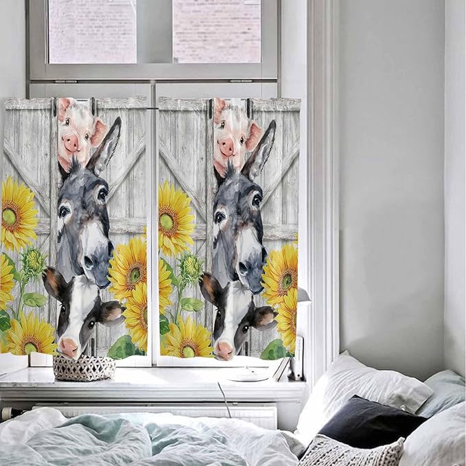 Farmhouse Tier Curtains 45 Inches Long, Watercolor Sunflowers Animals Printed - Image 5