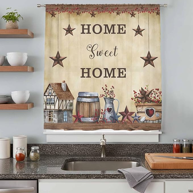 Farm Sheer Curtains 72 Inch Length American Country Barn Star Vintage Berry - Image 8