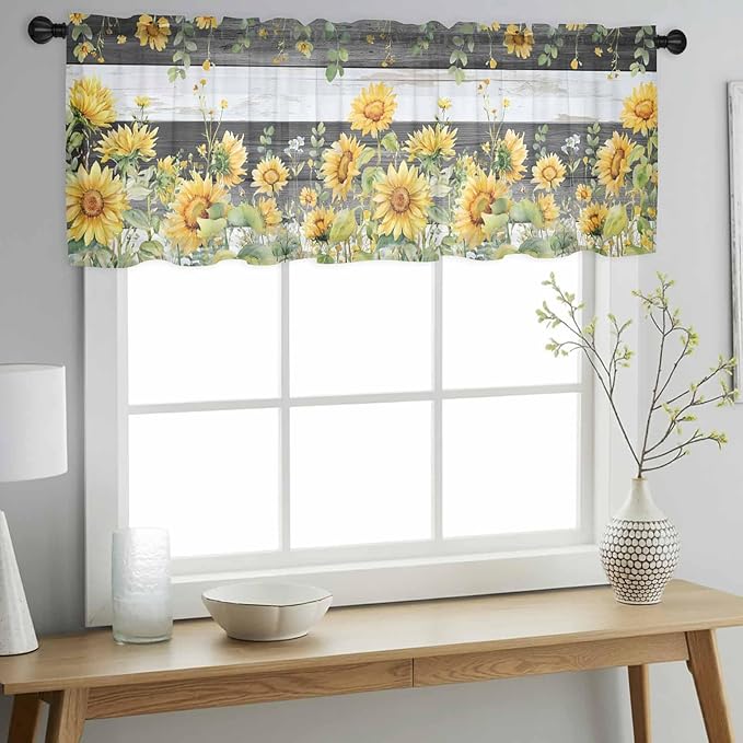 Summer Floral Sheer Valance Curtains, Watercolor Sunflower Eucalyptus Leaves - Image 3
