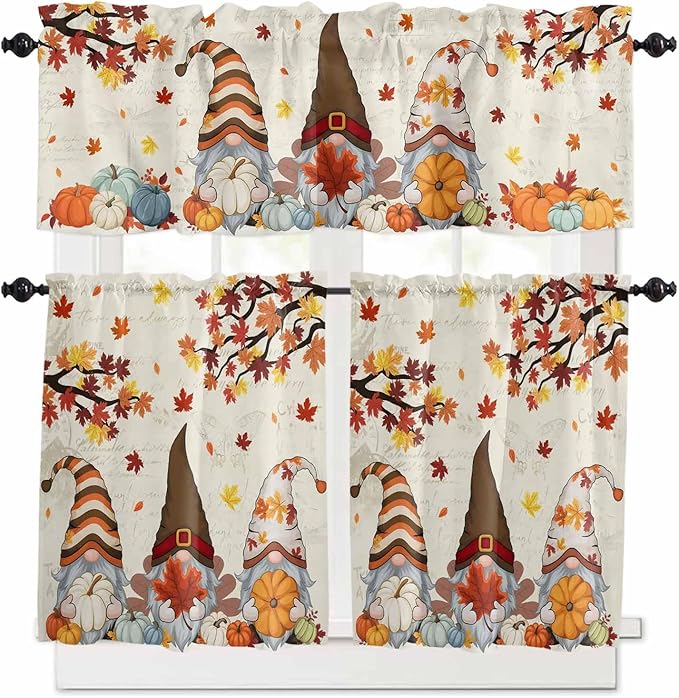 Fall Kitchen Curtain Set, Thanksgiving Gnomes Maple Leaf Pumpkin Beige Window by Unknown