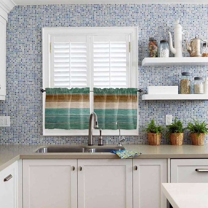 Vintage Plank Turquoise Brown Window Valance Curtains, Farmhouse Wood Grain - Image 8