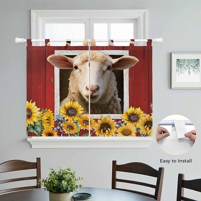 Sheep Sunflower Kitchen Curtains 45 Inch Length, Short Cafe Window Curtains Tab - Image 4