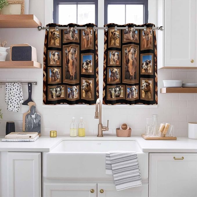 2 Panel Kitchen Cafe Curtains, Desert Camels Sunlight Filtering Nature Air - Image 2