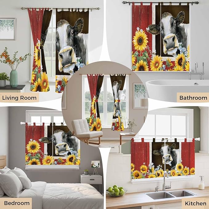 Cows Sunflowers Bedroom Curtains 72 Inch Length, Window Curtains Tab Top - Image 7
