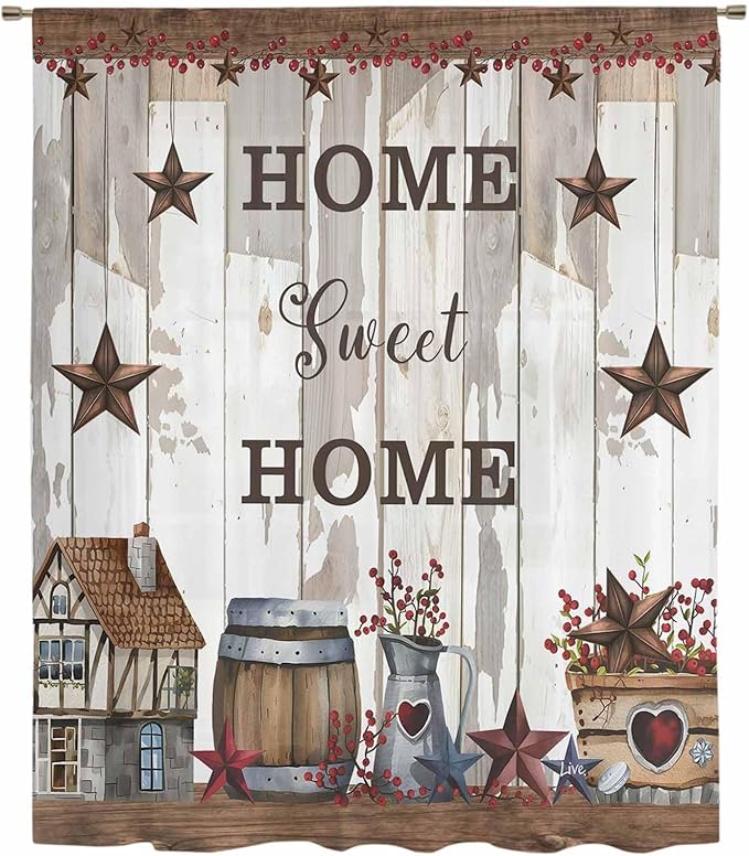 Farmhouse Sheer Curtains 45 Inch Length Retro Country Star Berry Vintage Wood - Image 6