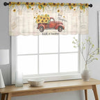 Farmhouses Sunflowers Sheer Valance Curtains, Retro Floral Leaves Red Truck - Image 3