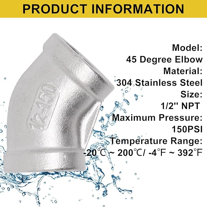 45 Degree Elbow 2PCS, 1/2" NPT Female x 1/2" NPT Female 304 Stainless Steel - Image 4