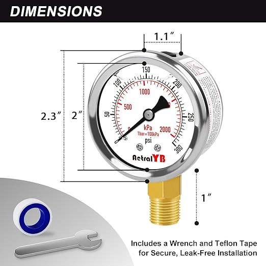 0-300 PSI Heavy-Duty Pressure Gauge, Glycerin-Filled, Stainless Steel, 1/4" NPT - Image 5