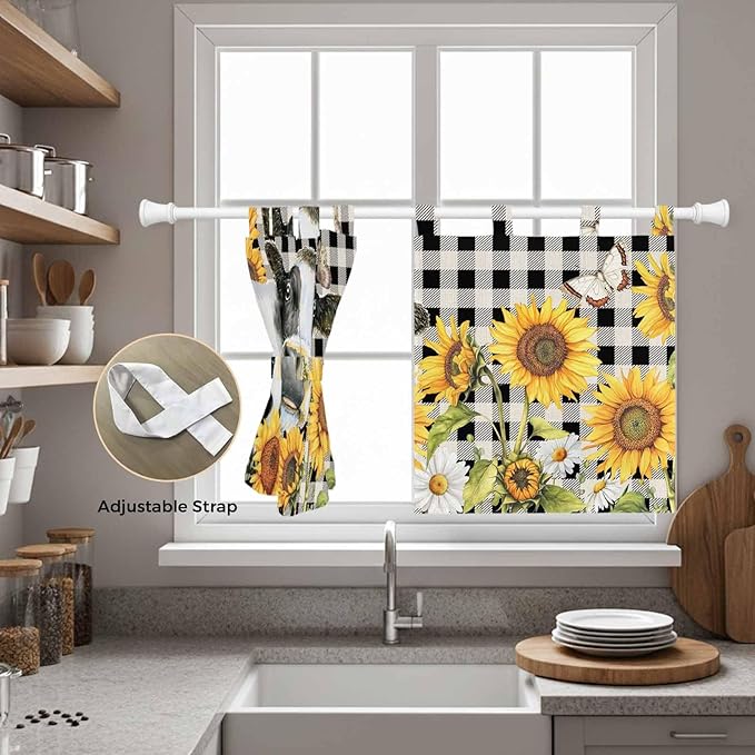 Retro Sunflowers Kitchen Curtains 36 Inch Length, Small Window Curtains Tab Top - Image 5