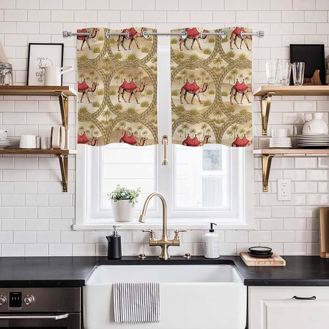 2 Panel Kitchen Cafe Curtains, Desert Camels Sunlight Filtering Nature Air - Image 2