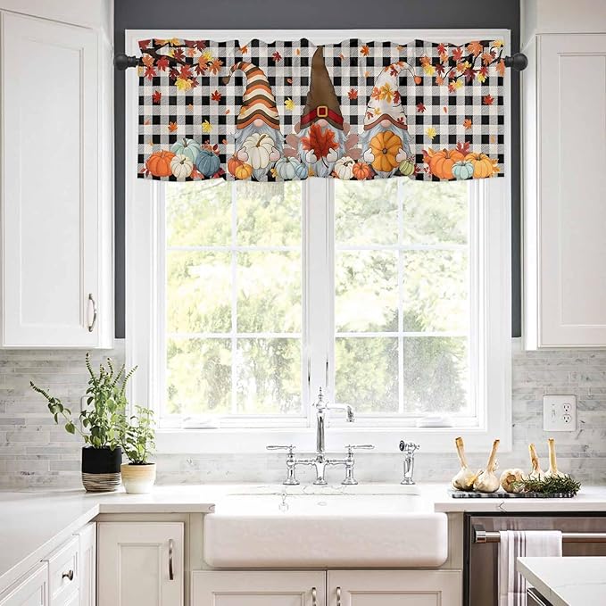 Thanksgiving Gnomes Kitchen Curtain Set, Fallen Maple Leaf Pumpkin Black Plaid - Image 3
