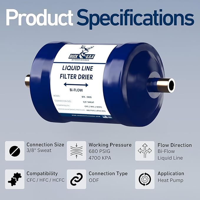 Buck Bi-Flow Refrigerant Liquid Line Filter Drier 3/8" ODF Sweat BFK-083S - Image 2