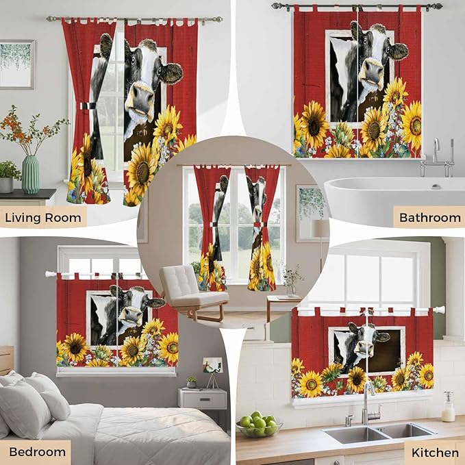 Cows Sunflowers Kitchen Curtains 36 Inch Length, Small Window Curtains Tab Top - Image 7