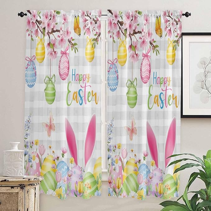Happy Easter Living Room Curtains 72 Inches length, Spring Watercolor Bunny - Image 2