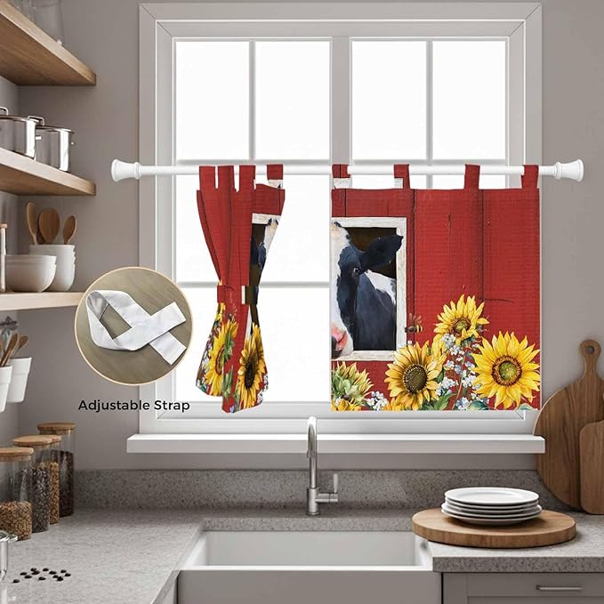 Cow Sunflowers Kitchen Curtains 24 Inch Length, Small Window Curtains Tab Top - Image 5