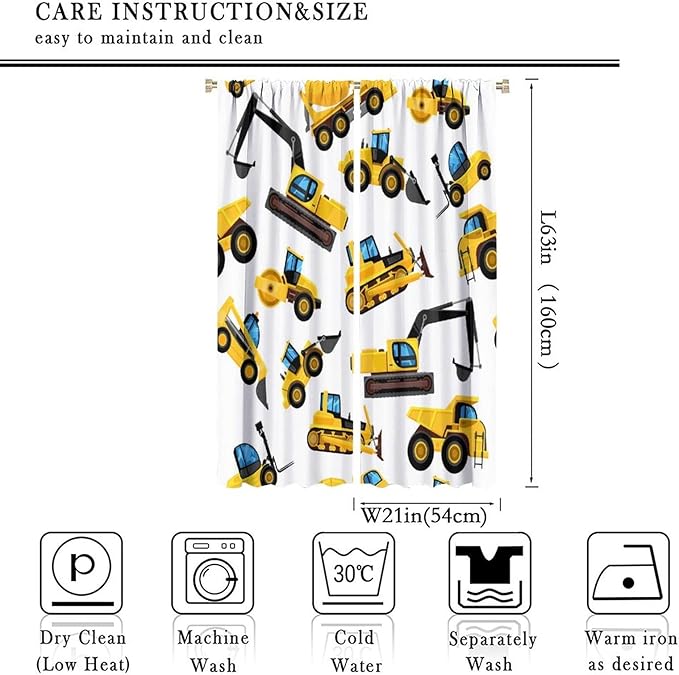 Kids Construction Equipment Window Curtains, Excavator Tractor Tow Truck Rod - Image 4