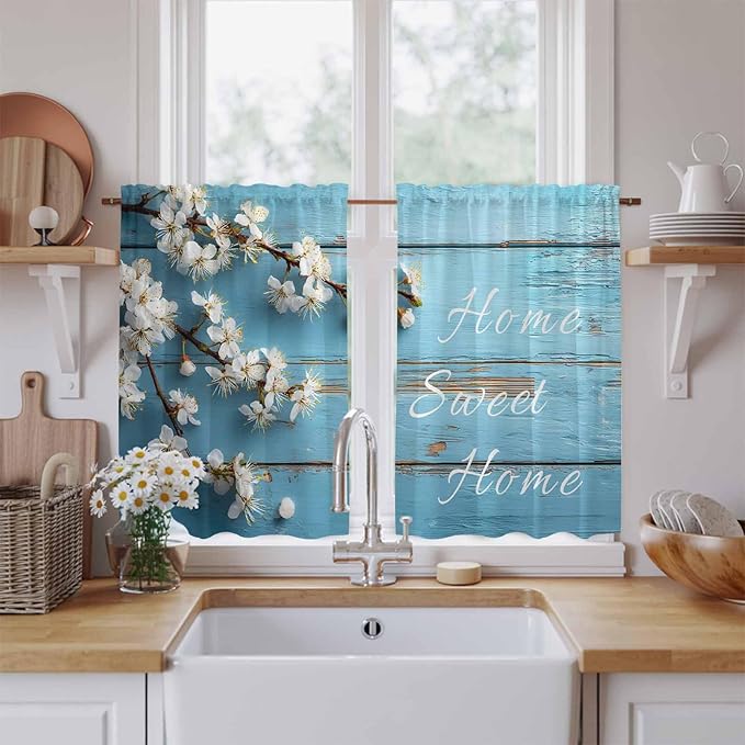 Farmhouse Wooden Grain Kitchen Curtains, Vintage Shabby Chic Flower Blue Light - Image 2