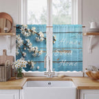 Farmhouse Wooden Grain Kitchen Curtains, Vintage Shabby Chic Flower Blue Light - Image 2