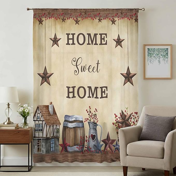Farm Sheer Curtains 63 Inch Length American Country Barn Star Vintage Berry - Image 3