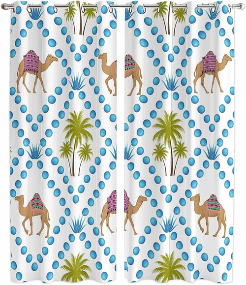 2 Panel Kitchen Cafe Curtains, Camels Palm Trees Sunlight Filtering Nature Air by Hokiten