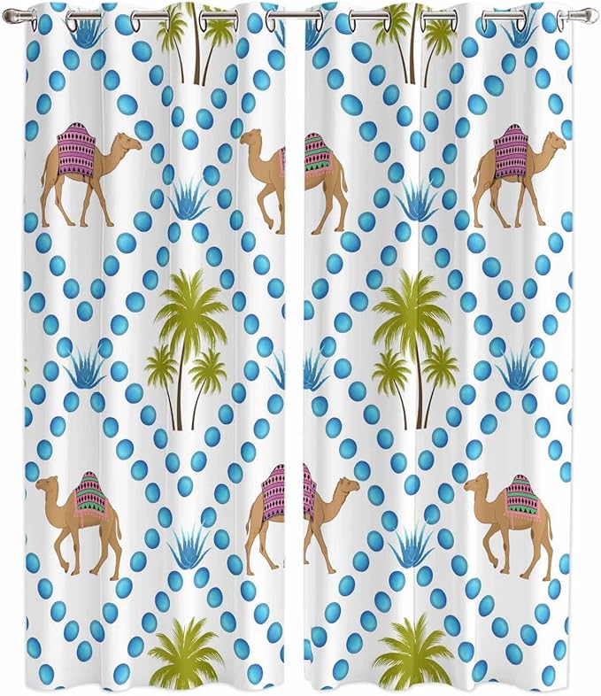 2 Panel Kitchen Cafe Curtains, Camels Palm Trees Sunlight Filtering Nature Air by Hokiten