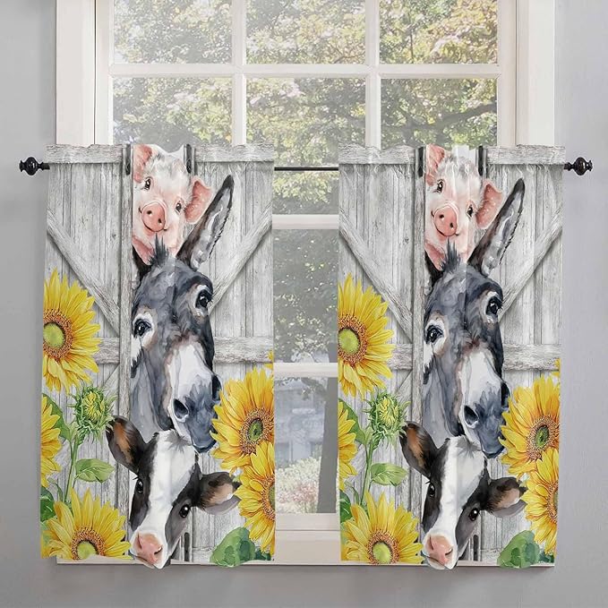 Farmhouse Kitchen Curtains 54 Inches length, Watercolor Sunflowers Animals - Image 2