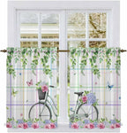 Spring Tier Curtains, Bicycles Botanical Leaves Rose Colorful Stripes Light by Unknown
