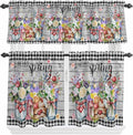 Spring Flowers Kitchen Curtain Set, Farmhouse Black Plaid Wood Grain Window by Unknown