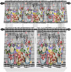 Spring Flowers Kitchen Curtain Set, Farmhouse Black Plaid Wood Grain Window by Unknown