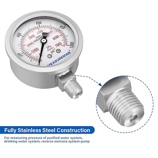 MEASUREMAN Pressure Gauge, 0-1000 PSI/kPa, Glycerin Filled, 1/4 NPT Lower Mount - Image 4