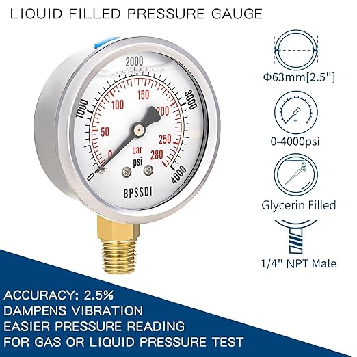 0-4000 Psi Glycerin Liquid Filled Hydraulic High Pressure Gauge, 2.5" Dial Size - Image 2