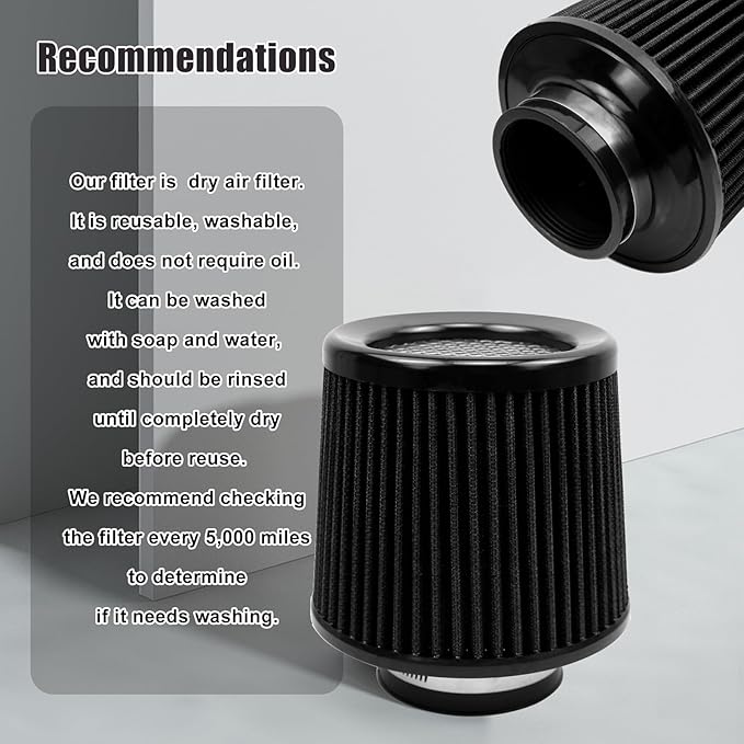 RYANSTAR 76mm 3" High Flow Round Tapered Cone Cool Air Filter Cleaner - Image 6