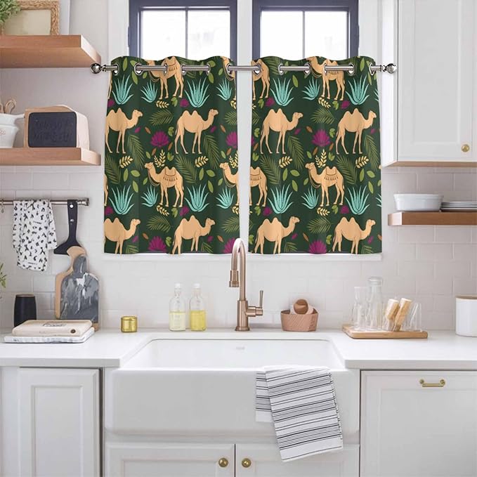 2 Panel Kitchen Cafe Curtains, Retro Desert Camel Sunlight Filtering Nature Air - Image 2