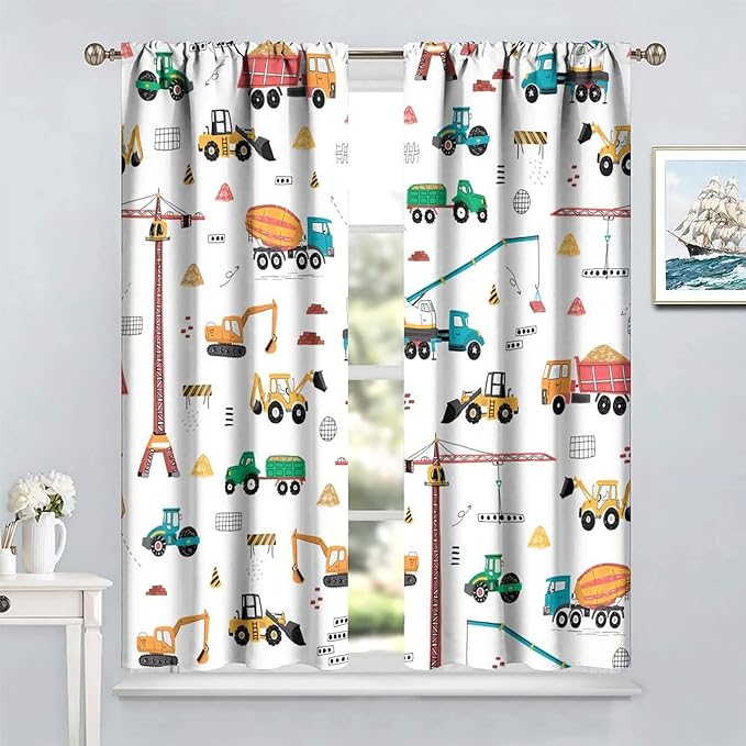 Construction Window Curtains, Kids Cartoon Construction Machines Building Hand - Image 2