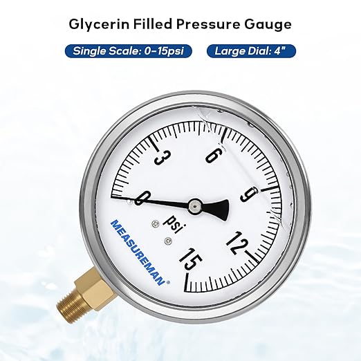 MEASUREMAN Glycerin Filled Plumbing Pressure Gauge 0-15psi Stainless Steel Case - Image 2