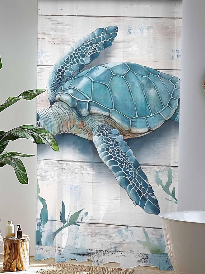 Sheer Curtains 96 Inches Long, Teal Green Sea Turtle Semi Sheer Curtains Light - Image 4
