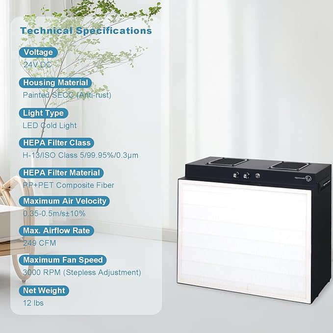 Laminar Flow Hood with H13 HEPA Filter (20"x15"）, FFU Class 100 / ISO 5 Clean - Image 5
