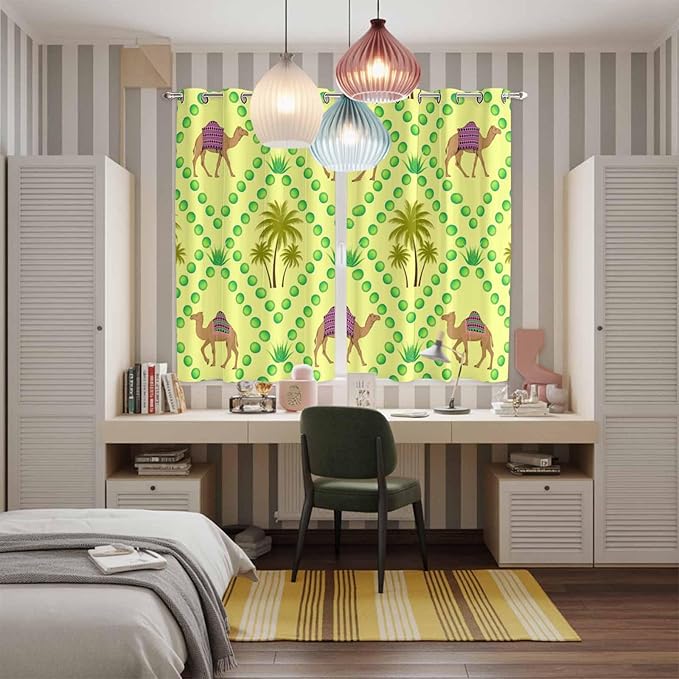 2 Panel Kitchen Cafe Curtains, Desert Sand Camels Sunlight Filtering Nature Air - Image 5