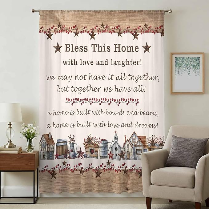 Farmhouse Sheer Curtains 96 Inch Length Country Star Barn Berry Brown Wood - Image 3